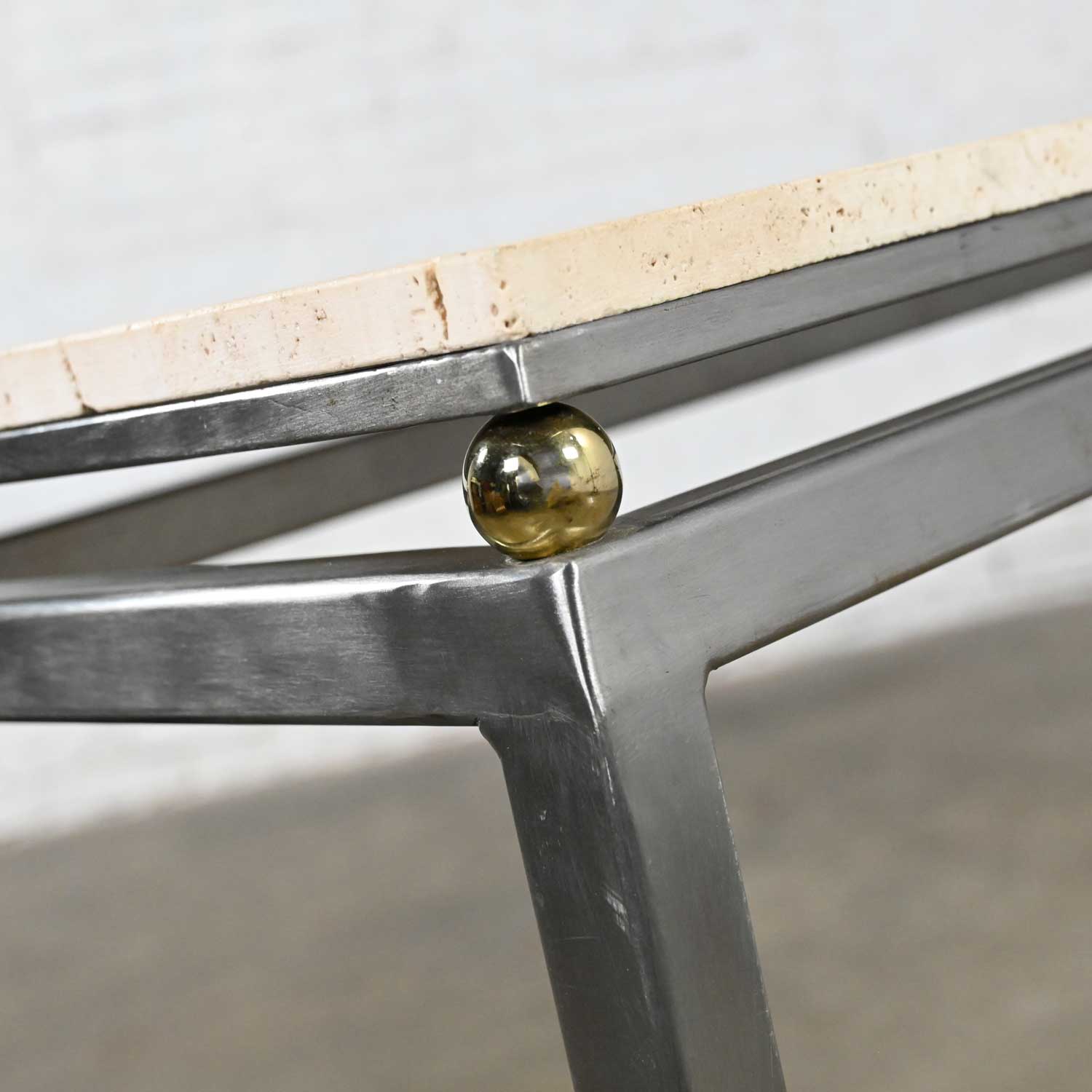 Modern Custom Tube Steel Console Sofa Table with Travertine Top & Brass Plate Sphere Details by Jensen Design Inc