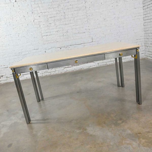 Modern Custom Tube Steel Writing Desk with Travertine Top & Brass Plate Sphere Details by Jensen Design Inc