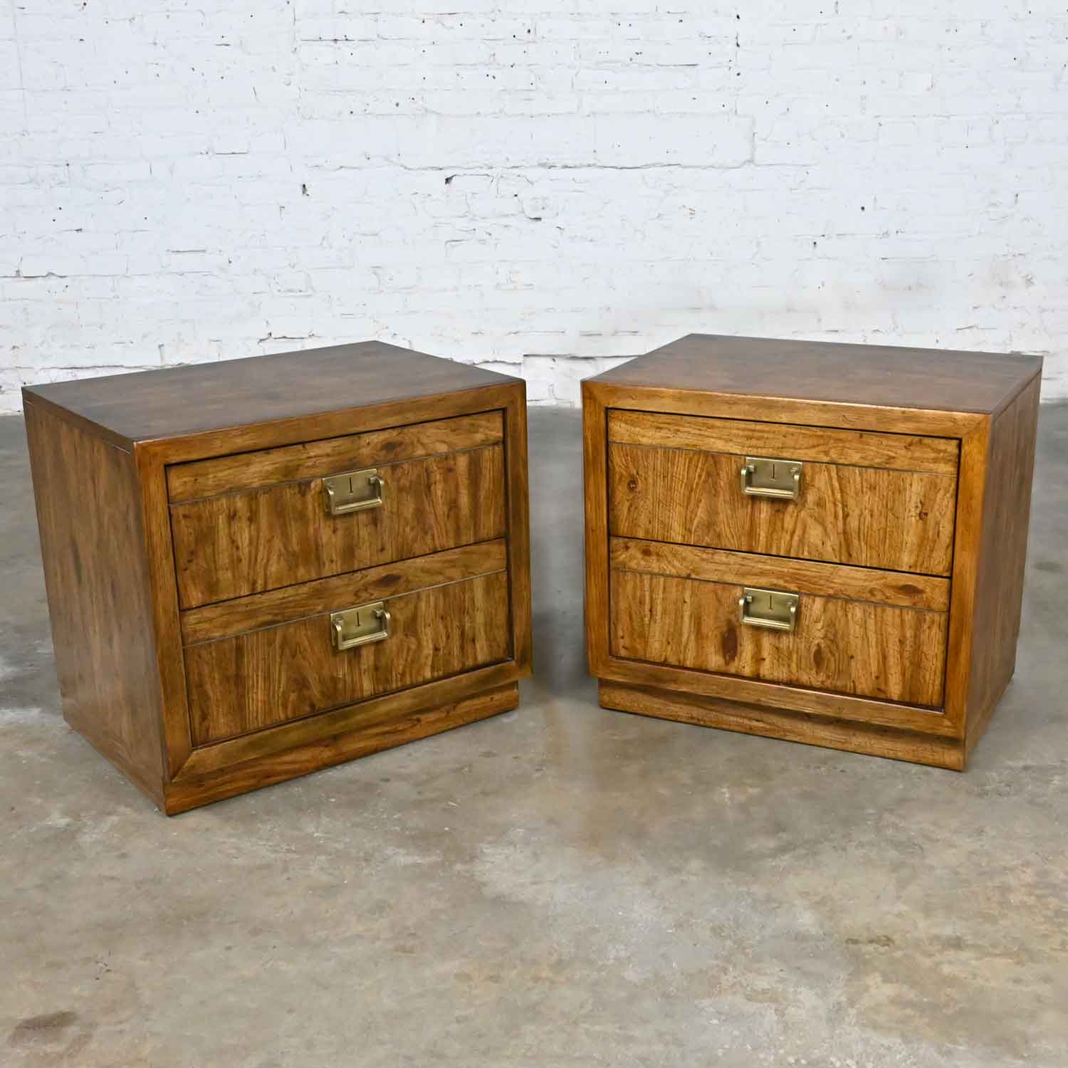 Vintage Drexel Weatherwood Collection Campaign Cabinet Style Pair of Nightstands End or Side Tables
