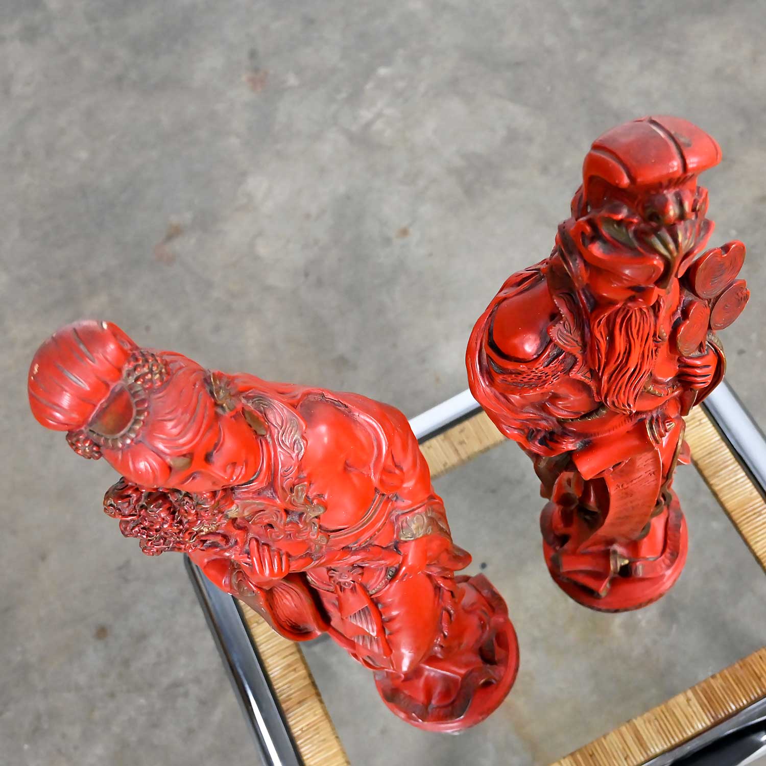 Vintage Asian Style Chinoiserie Faux Cinnabar Large Red Decorative Statues Male & Female