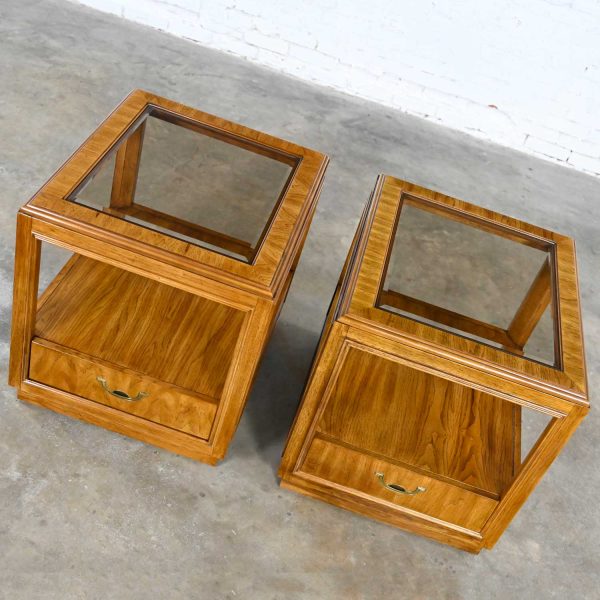 Vintage Drexel Accolade Collection II Campaign Style Rectangular Wood End Tables Single Drawer & Glass Tops a Pair