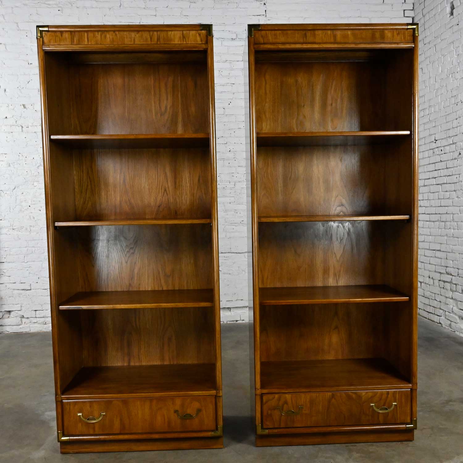 Vintage Drexel Accolade II Collection Campaign Style Pair of Bookcases Display Cabinets