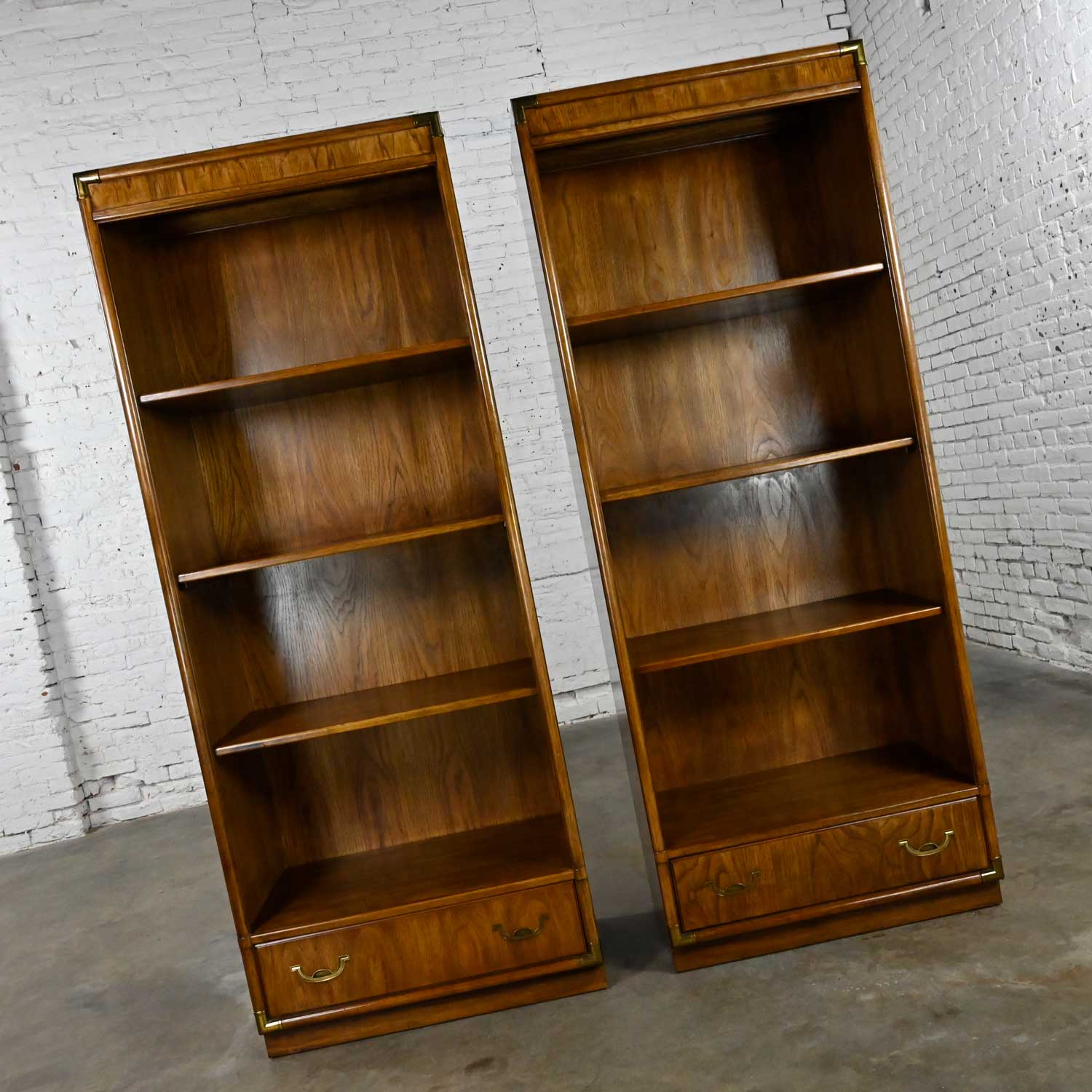 Vintage Drexel Accolade II Collection Campaign Style Pair of Bookcases Display Cabinets