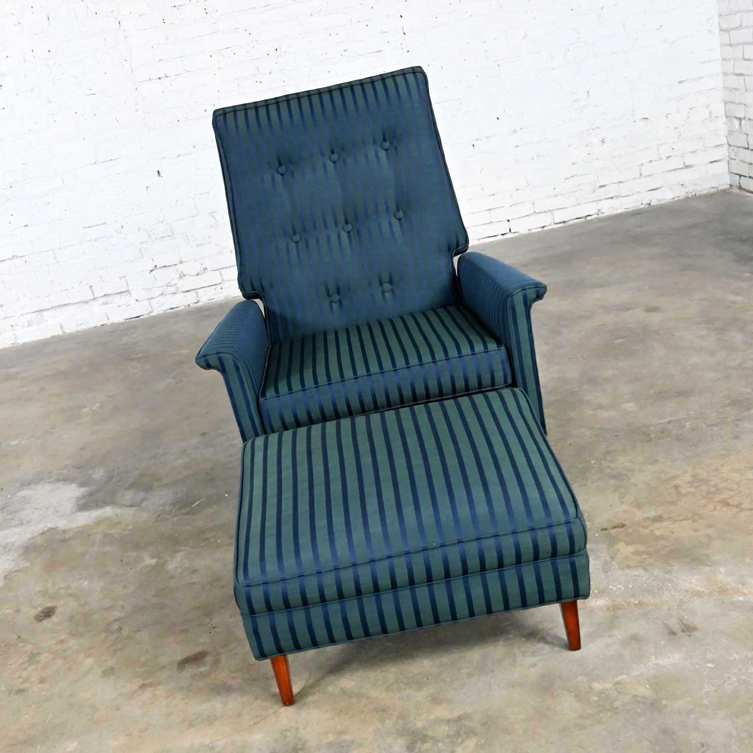 Vintage Mid-Century Modern Royal Blue & Green Recliner & Ottoman Attributed to Selig Monroe Chair