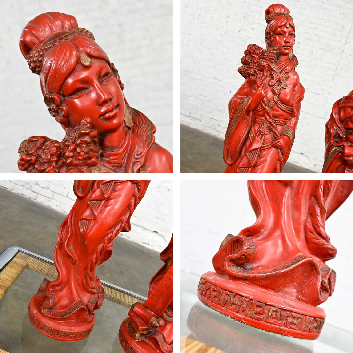 Vintage Asian Style Chinoiserie Faux Cinnabar Large Red Decorative Statues Male & Female