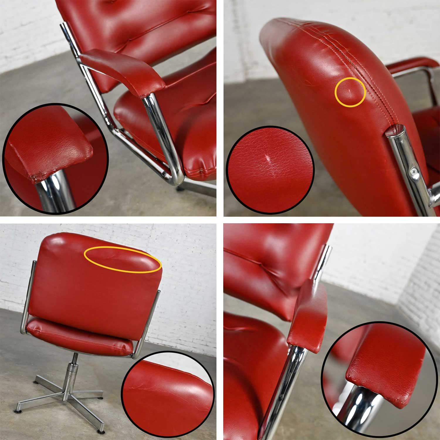 Vintage Mid-Century Modern Cordovan Faux Leather & Chrome 4 Prong Base Swivel Desk Chair