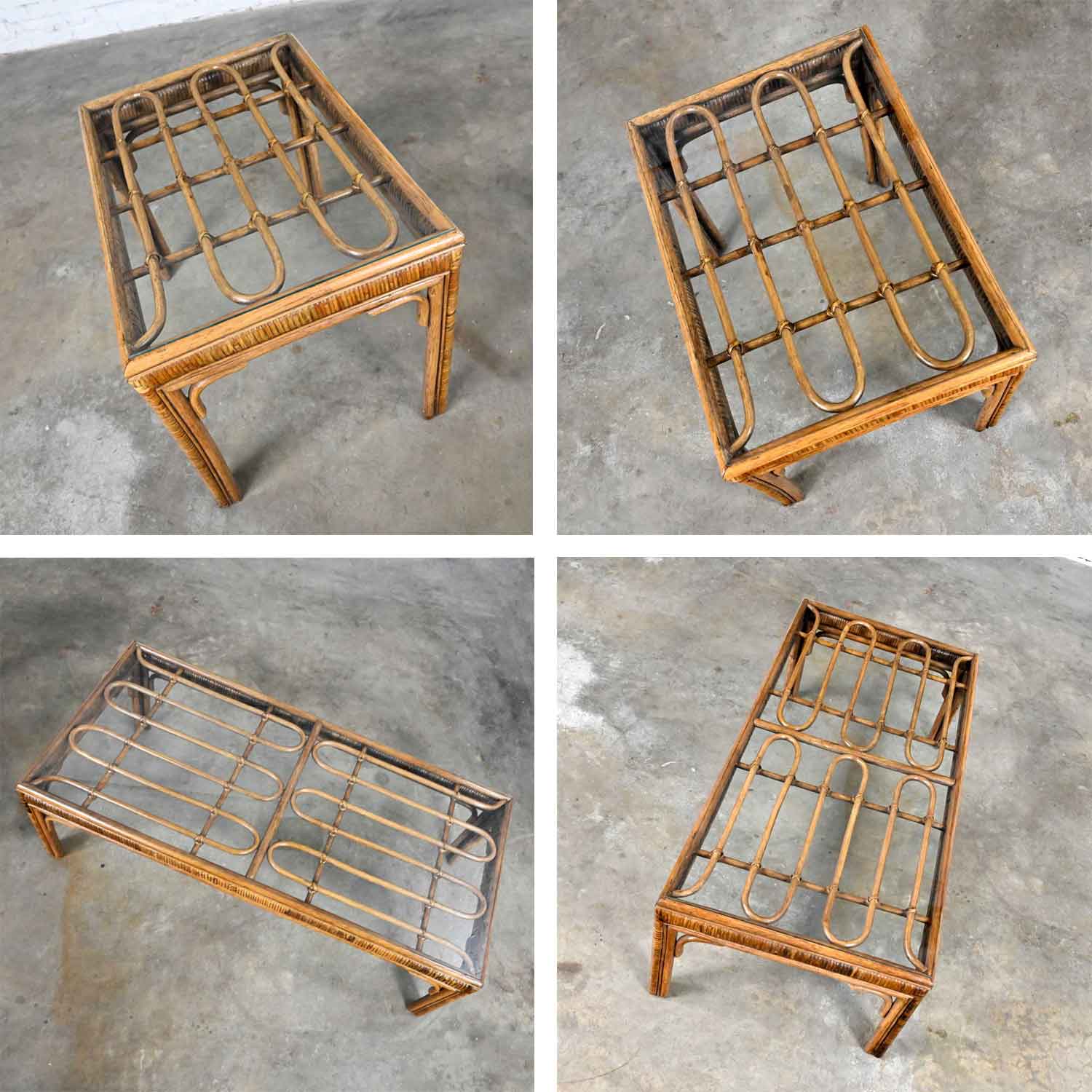 Vintage Organic Modern Rattan Coffee Table & Side Table Style of Ficks Reed, a Pair