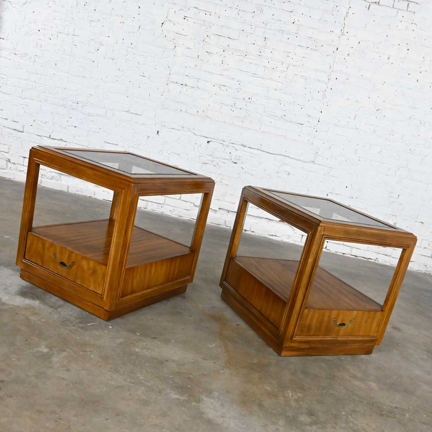 Vintage Drexel Accolade Collection II Campaign Style Rectangular Wood End Tables Single Drawer & Glass Tops a Pair