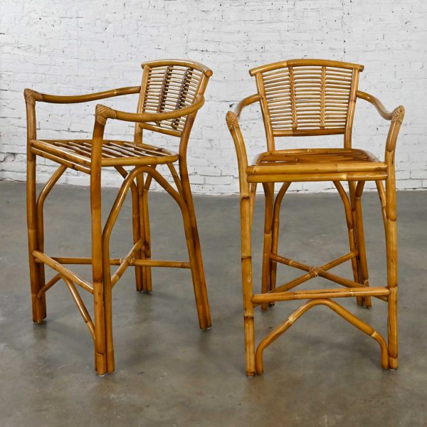 Vintage Organic Modern Pair of Rattan Bar Stools Style of Ficks Reed