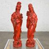 Vintage Asian Style Chinoiserie Faux Cinnabar Large Red Decorative Statues Male & Female