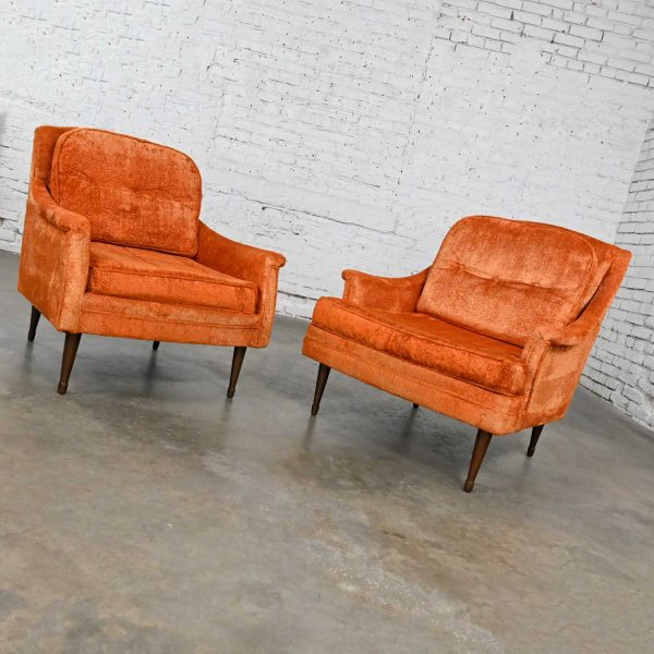 Vintage Mid Century Modern Orange Brushed Chenille Pair His & Hers Lounge Chairs