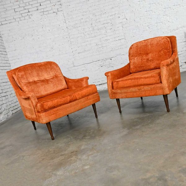 Vintage Mid Century Modern Orange Brushed Chenille Pair His & Hers Lounge Chairs