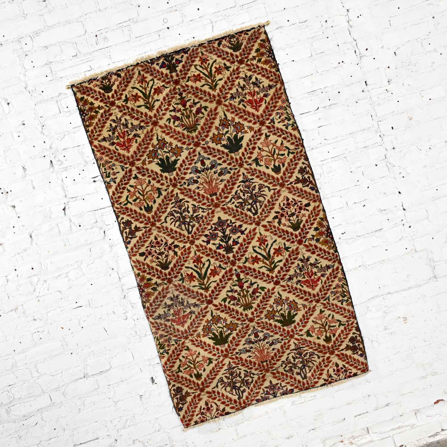 Antique Persian Oriental Hand Woven Wool on Cotton Diamond Leaf & Floral Rug Wall Hanging