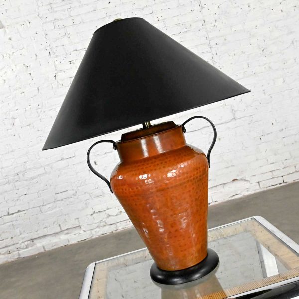 Moorish Style Frederick Cooper Hammered Copper Urn Shape Double Handled Lamp Black Coolie Shade