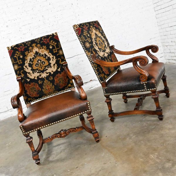 Vintage Modern Renaissance Style Custom Old World Fauteuil Armchairs Large Scale a Pair