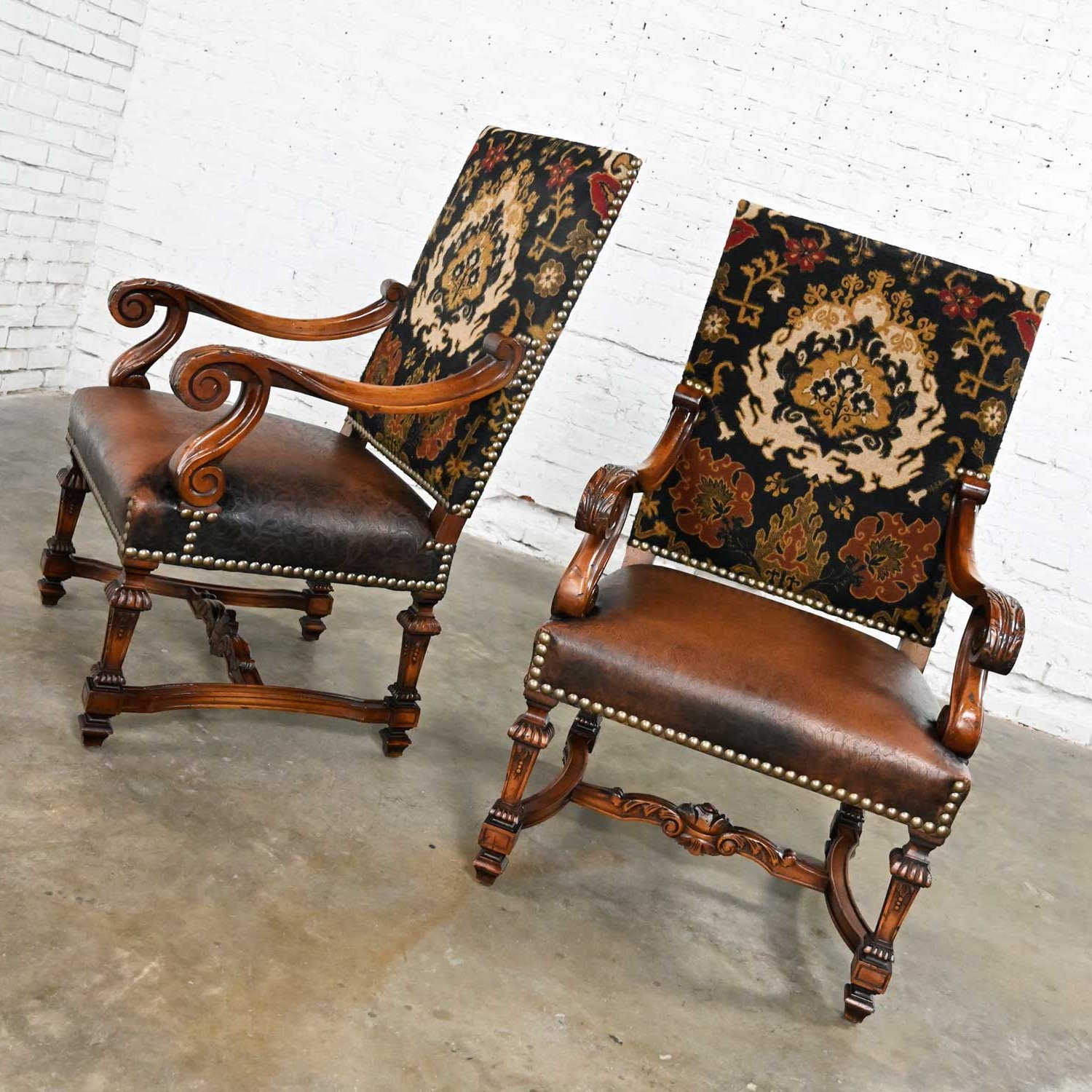 Vintage Modern Renaissance Style Custom Old World Fauteuil Armchairs Large Scale a Pair
