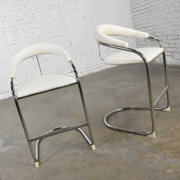 Vintage Pair Bauhaus White Vinyl & Chrome Model SS33 Cantilever Barstools by Anton Lorenz for Thonet