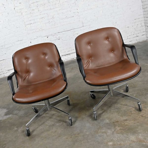 Vintage MCM Brown Vinyl Faux Leather Pair Steelcase 451 Rolling Office Chairs Style Pollock for Knoll