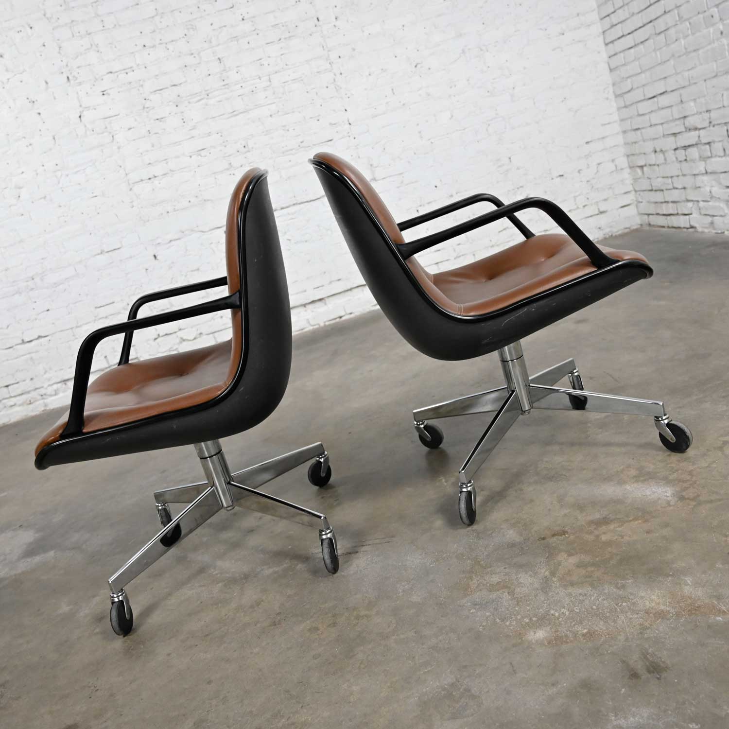 Vintage MCM Brown Vinyl Faux Leather Pair Steelcase 451 Rolling Office Chairs Style Pollock for Knoll