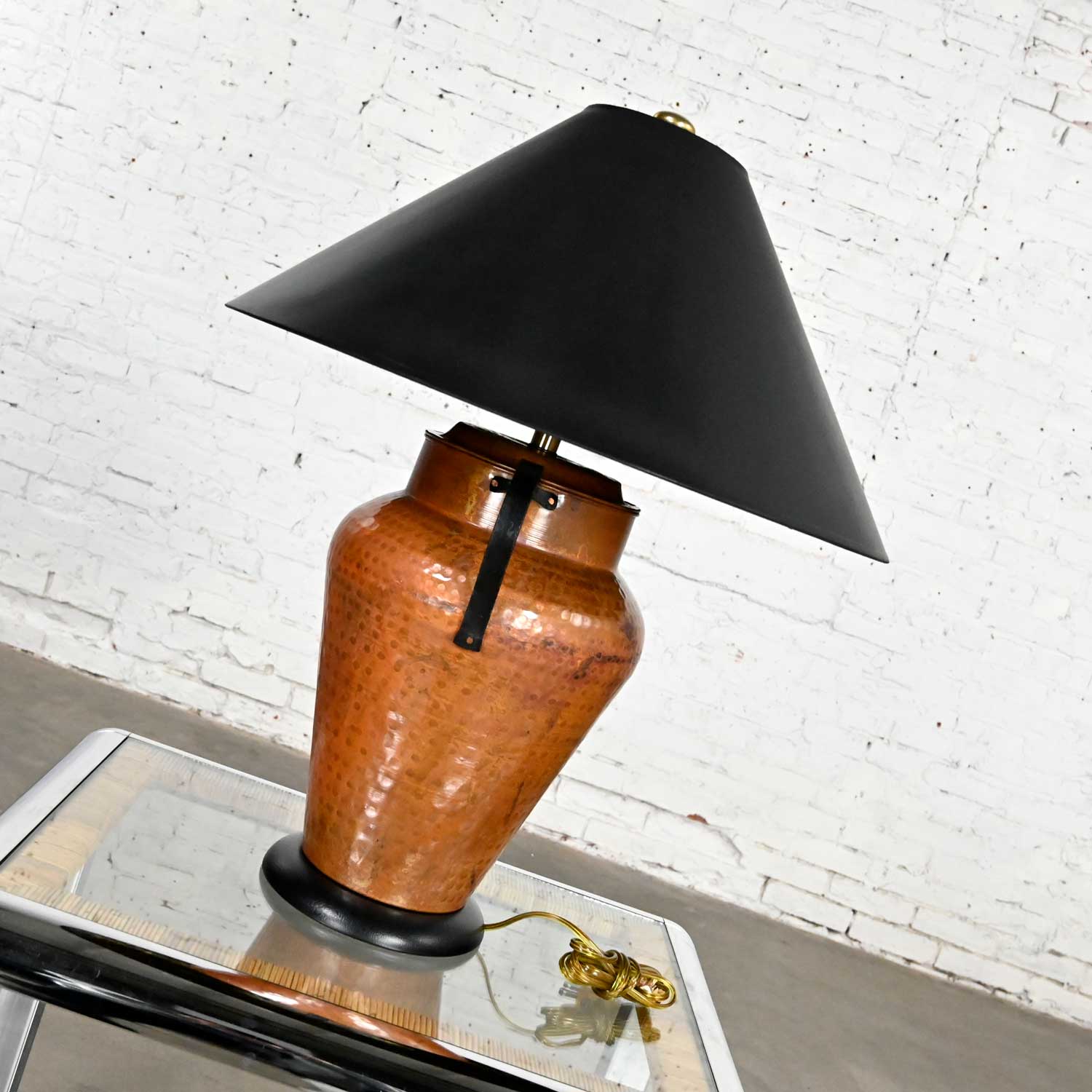 Moorish Style Frederick Cooper Hammered Copper Urn Shape Double Handled Lamp Black Coolie Shade