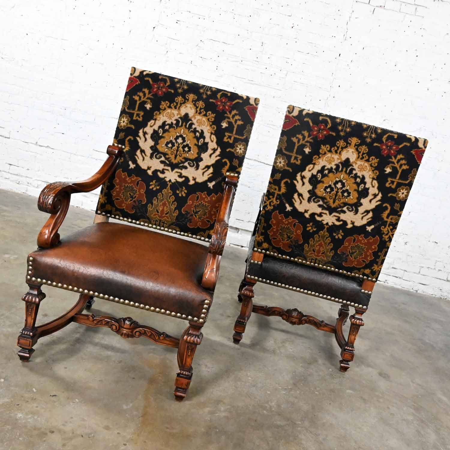 Vintage Modern Renaissance Style Custom Old World Fauteuil Armchairs Large Scale a Pair