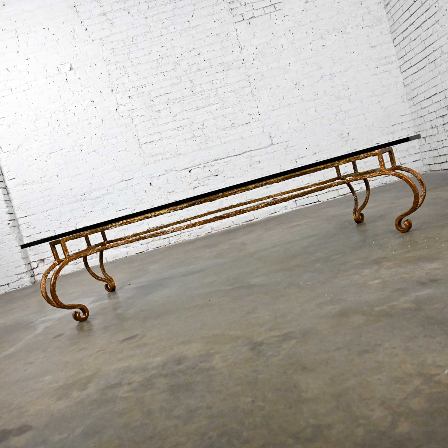 French Style Wrought Iron & Glass Large Coffee Table Style of Maison Ramsay