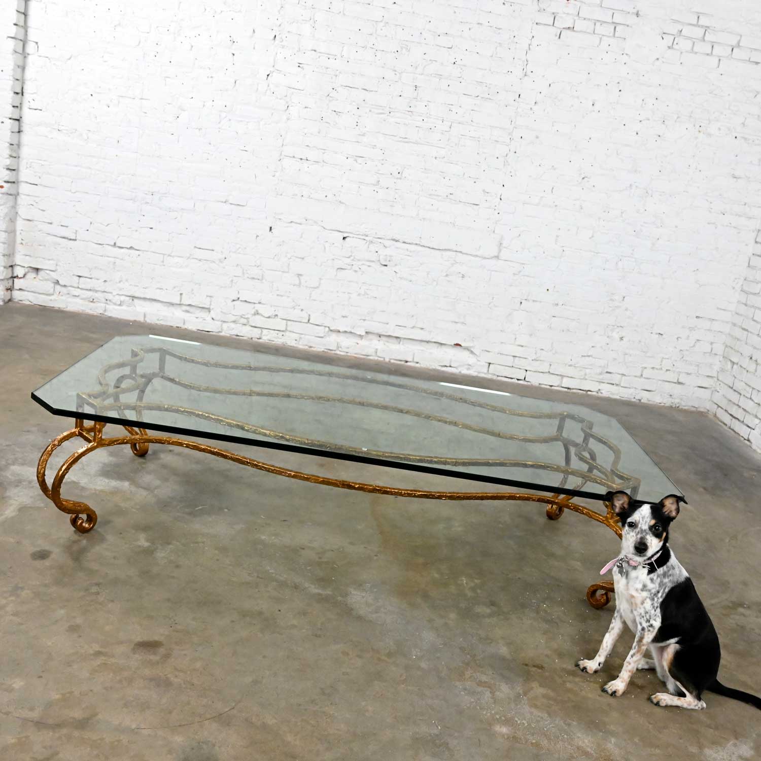 French Style Wrought Iron & Glass Large Coffee Table Style of Maison Ramsay