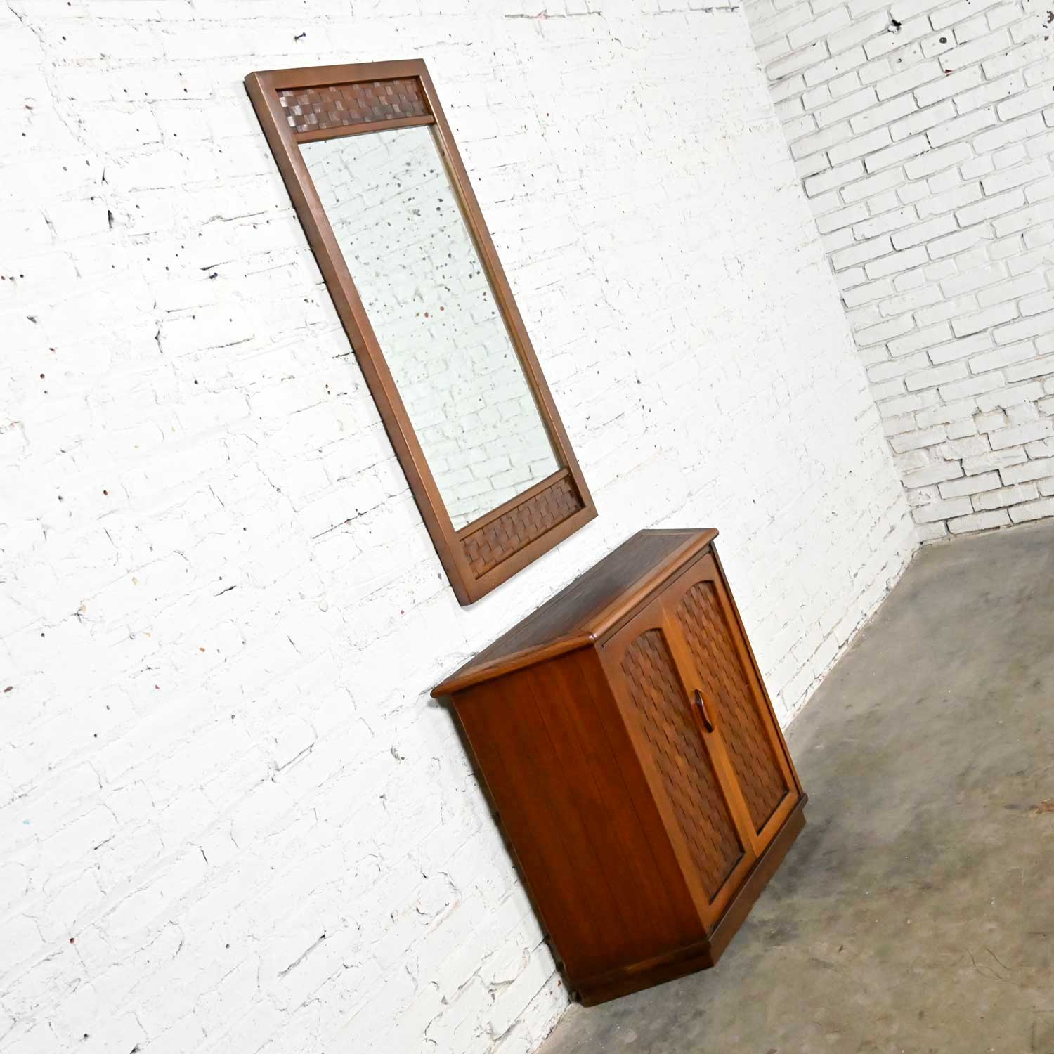 MCM Entry Console Cabinet with Mirror Style of Lane Perception Basket Weave by Warren C. Church