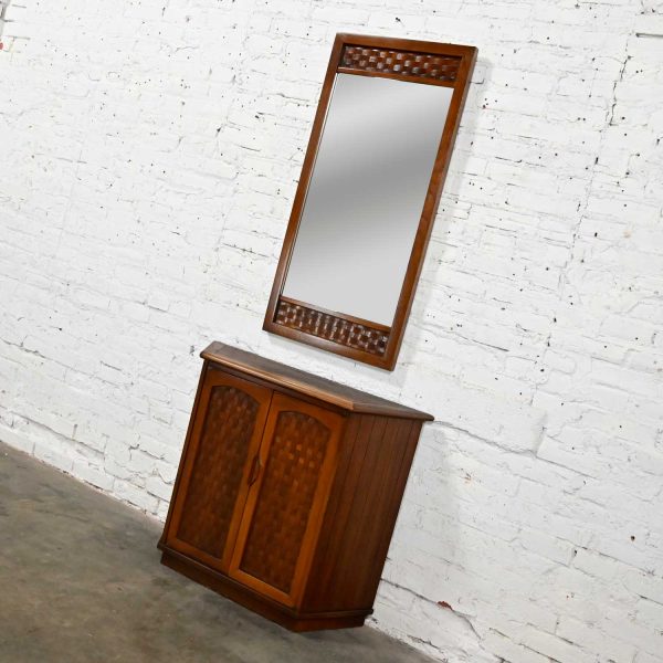 MCM Entry Console Cabinet with Mirror Style of Lane Perception Basket Weave by Warren C. Church