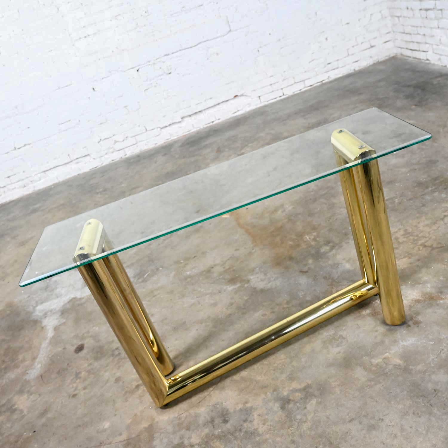 Vintage Modern Brass Plated Console Sofa Table with Glass Top Style of Karl Springer