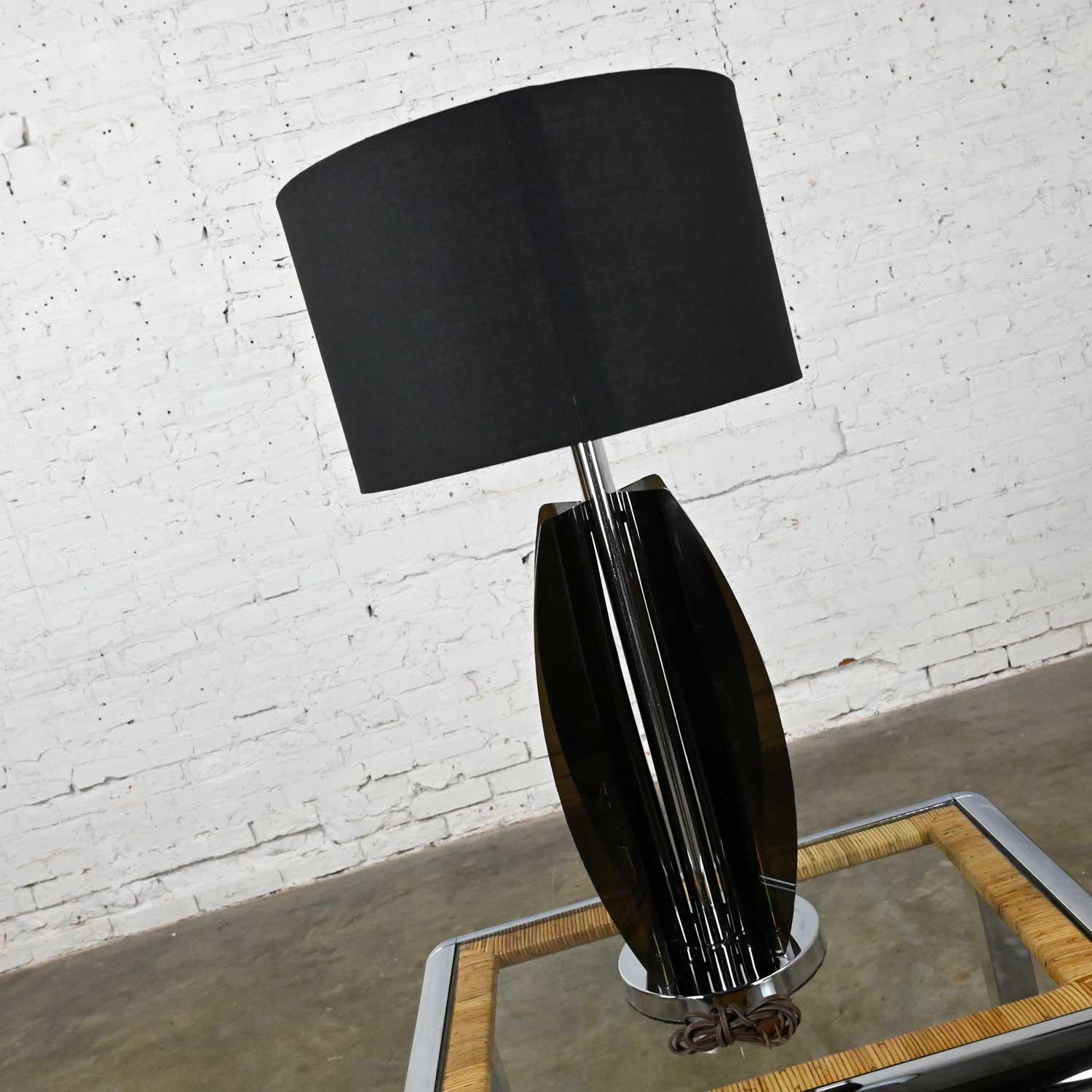 Mid-Century Modern Smoke Gray/Grey Lucite and Chrome Table Lamp New Black Drum Shade