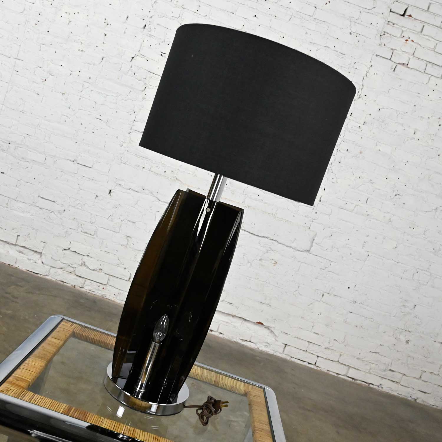 Mid-Century Modern Smoke Gray/Grey Lucite and Chrome Table Lamp New Black Drum Shade