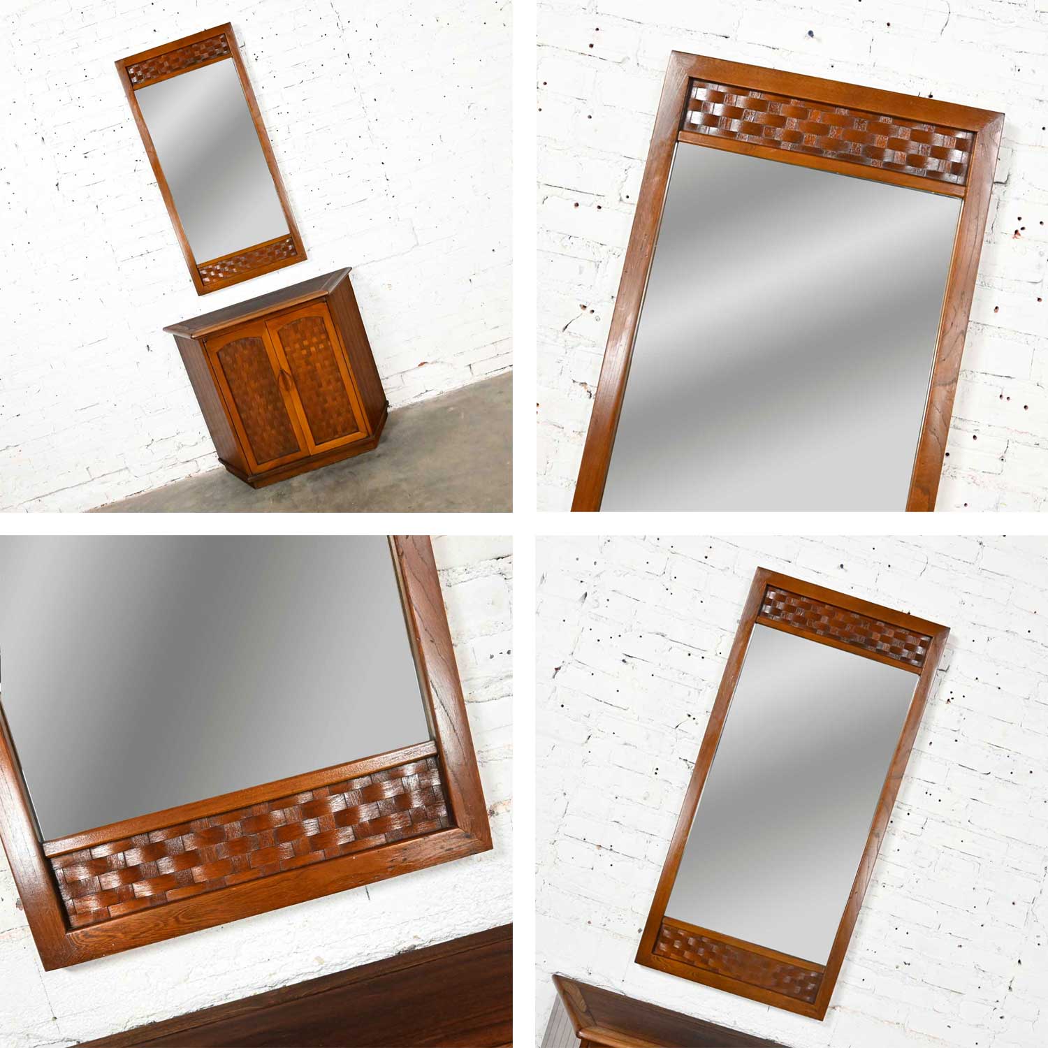 MCM Entry Console Cabinet with Mirror Style of Lane Perception Basket Weave by Warren C. Church