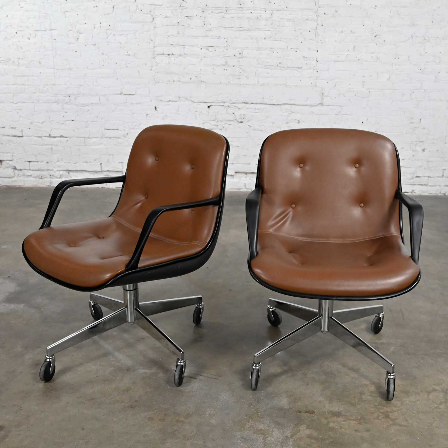 Vintage MCM Brown Vinyl Faux Leather Pair Steelcase 451 Rolling Office Chairs Style Pollock for Knoll