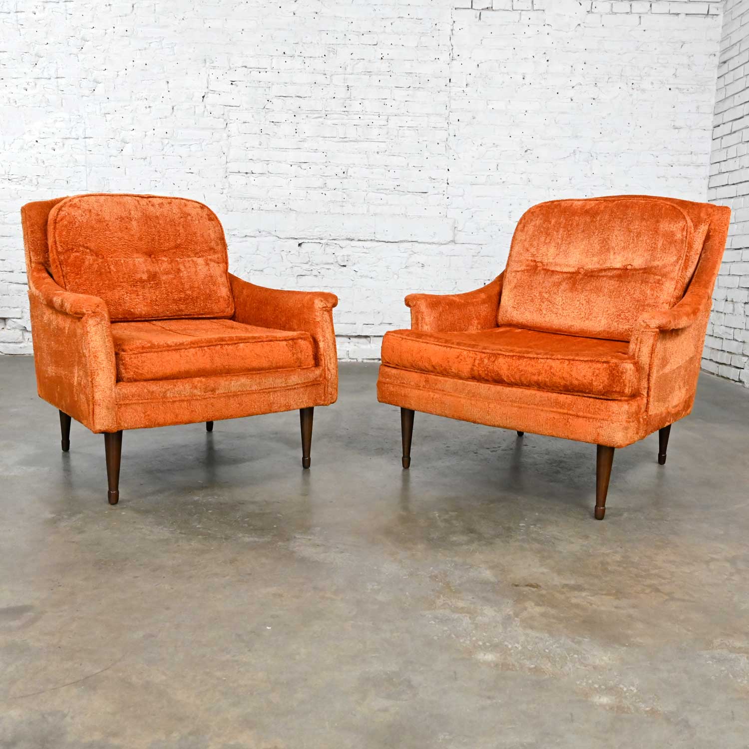 Vintage Mid Century Modern Orange Brushed Chenille Pair His & Hers Lounge Chairs