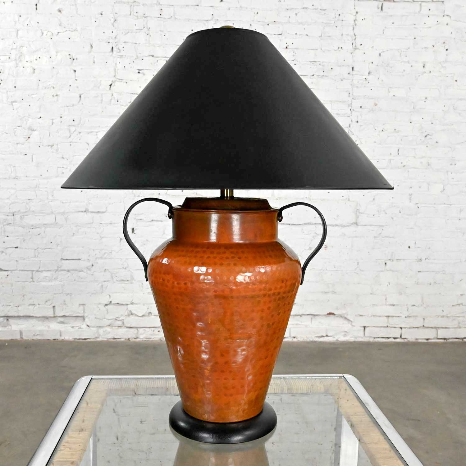 Moorish Style Frederick Cooper Hammered Copper Urn Shape Double Handled Lamp Black Coolie Shade