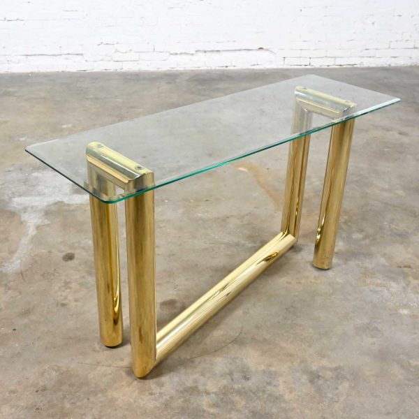 Vintage Modern Brass Plated Console Sofa Table with Glass Top Style of Karl Springer