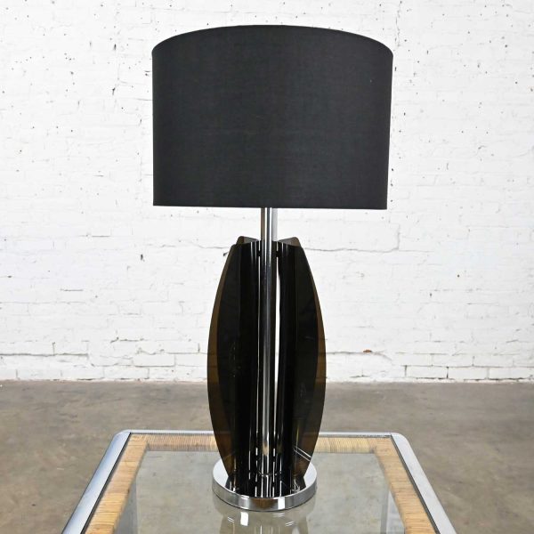 Mid-Century Modern Smoke Gray/Grey Lucite and Chrome Table Lamp New Black Drum Shade