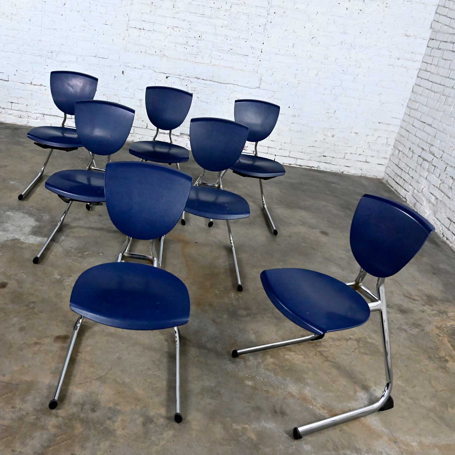 7 Vintage Modern Dark Blue Plastic & Chrome Reverse Cantilever Stacking Intellect Dining Chairs by KI Seating