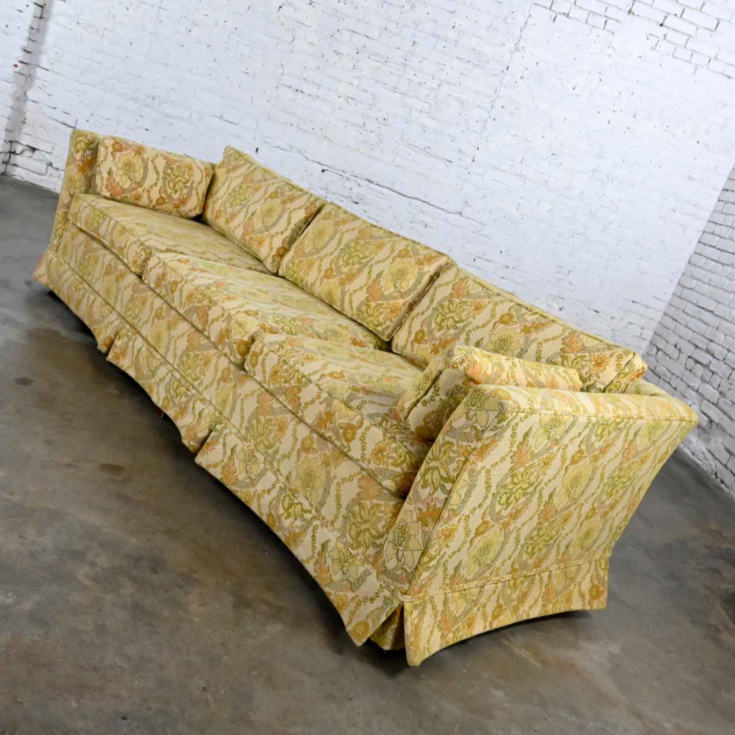 Vintage MCM Broyhill Furniture Flared Tuxedo Sofa Light Yellow Floral Fabric by Lenoir Chair Co