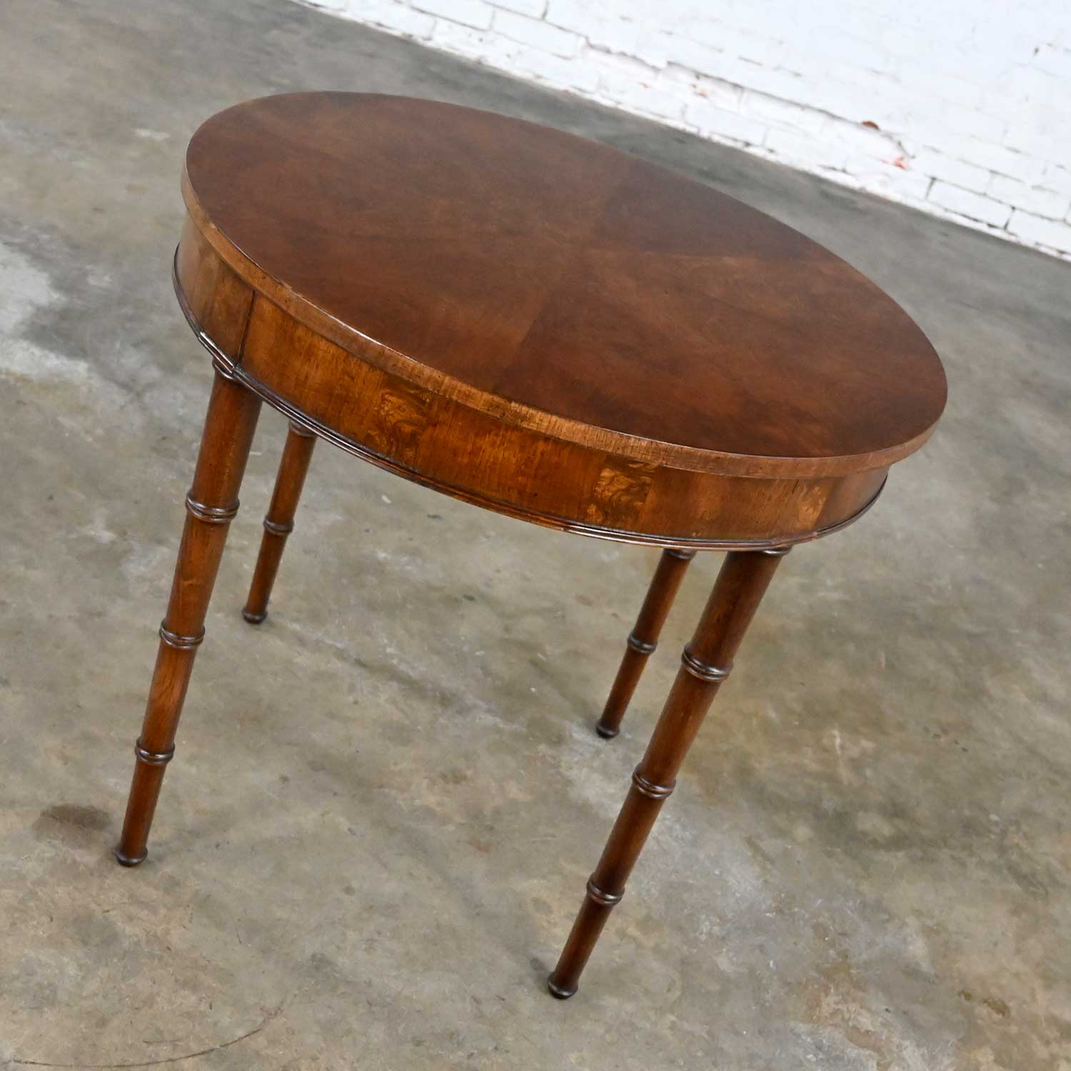 Vintage Campaign Style Round Walton Accent or Lamp Table Faux Bamboo Legs by Fine Arts Furniture Co