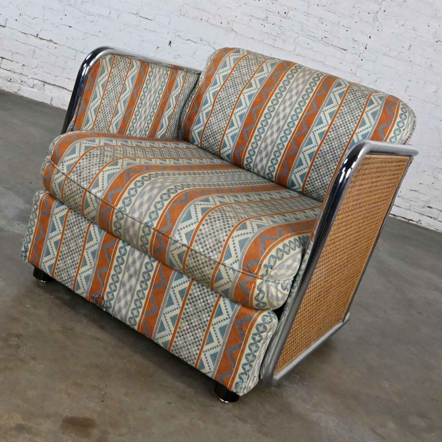 Vintage Milo Baughman Chrome & Cane Square Tub Chair Blue Rust Fabric Model #1438 by Thayer Coggin