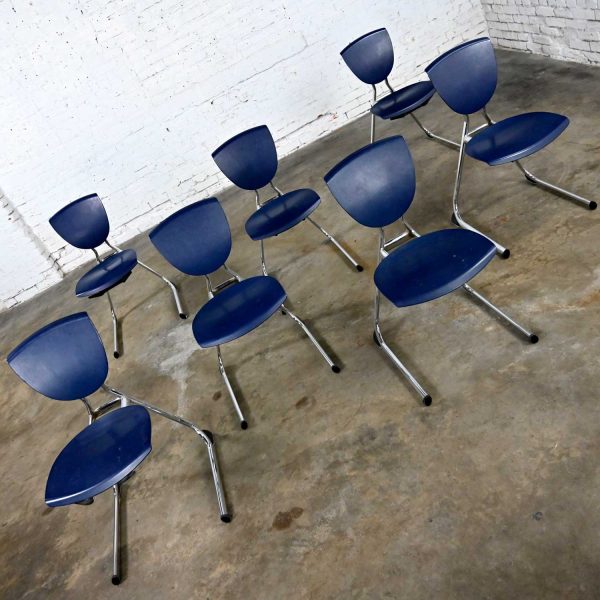 7 Vintage Modern Dark Blue Plastic & Chrome Reverse Cantilever Stacking Intellect Dining Chairs by KI Seating