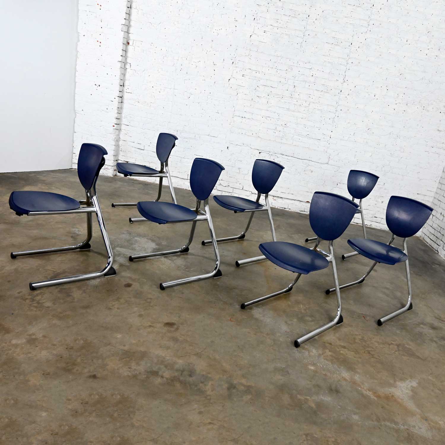 7 Vintage Modern Dark Blue Plastic & Chrome Reverse Cantilever Stacking Intellect Dining Chairs by KI Seating