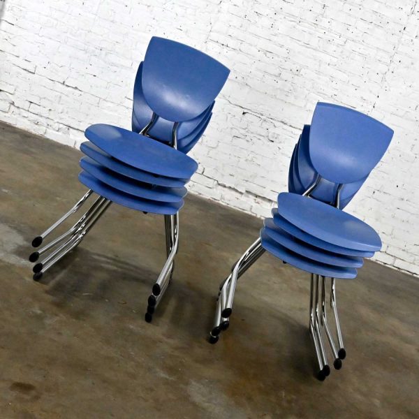 8 Vintage Modern Light Blue Plastic & Chrome Reverse Cantilever Stacking Intellect Dining Chairs by KI Seating