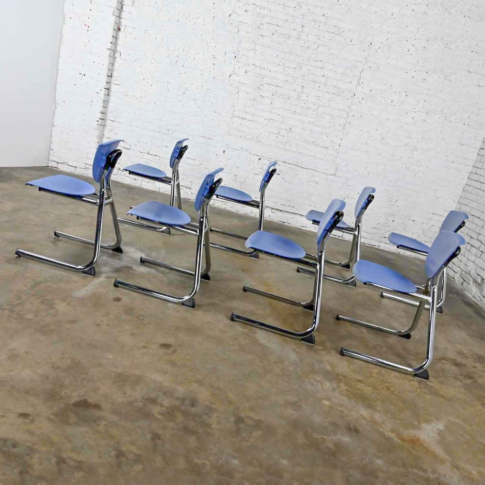 8 Vintage Modern Light Blue Plastic & Chrome Reverse Cantilever Stacking Intellect Dining Chairs by KI Seating