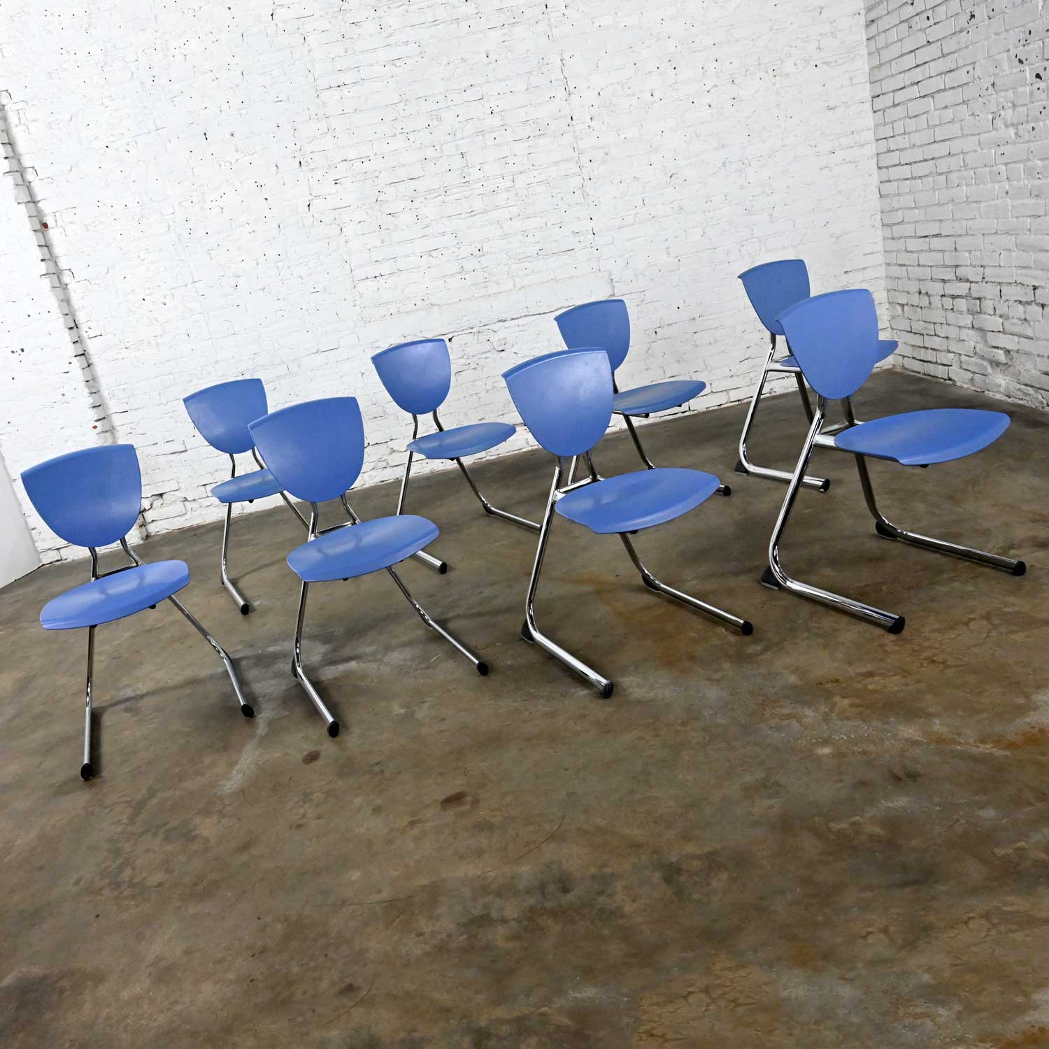 8 Vintage Modern Light Blue Plastic & Chrome Reverse Cantilever Stacking Intellect Dining Chairs by KI Seating