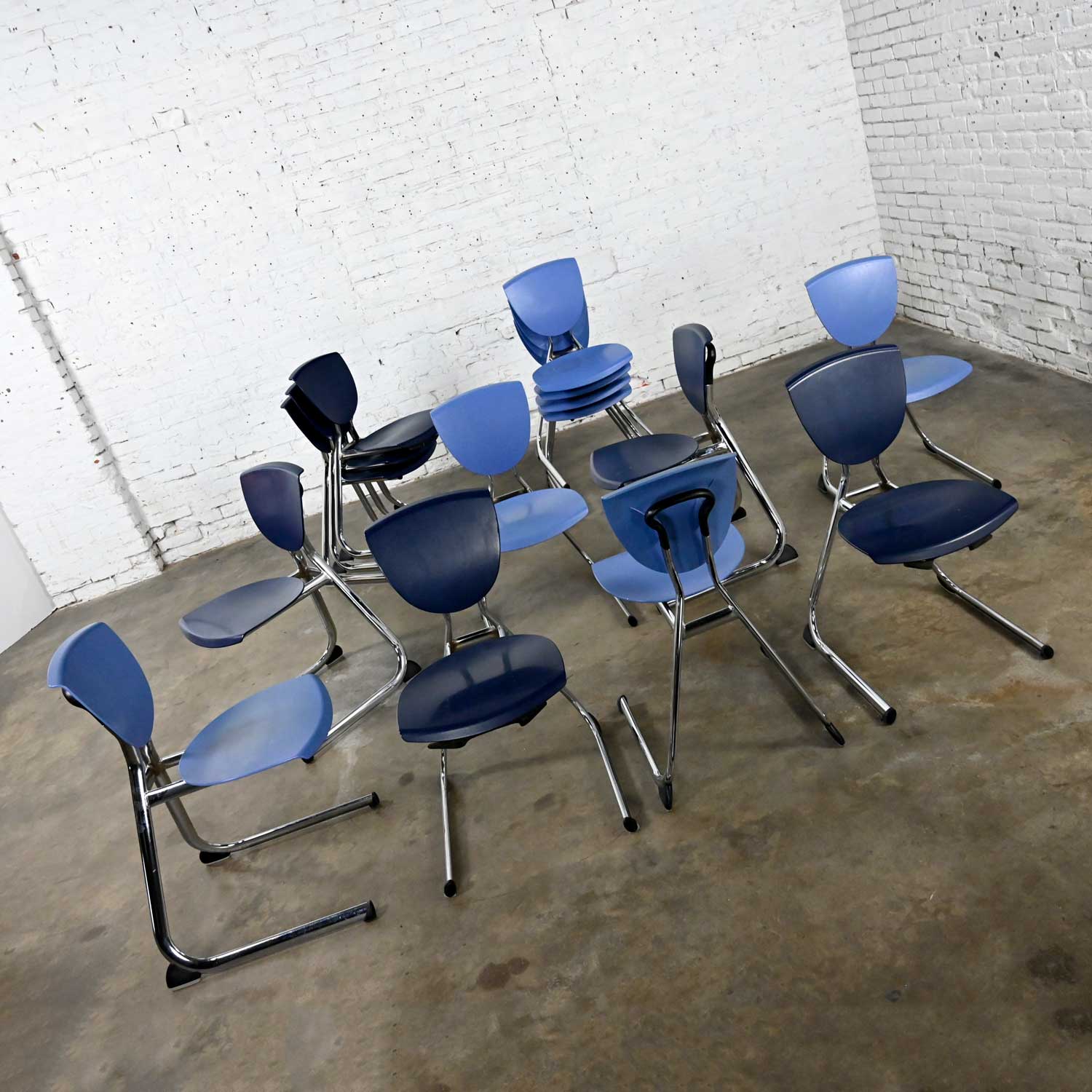 15 Vintage Modern Dark Blue Plastic & Chrome Reverse Cantilever Stacking Intellect Dining Chairs by KI Seating