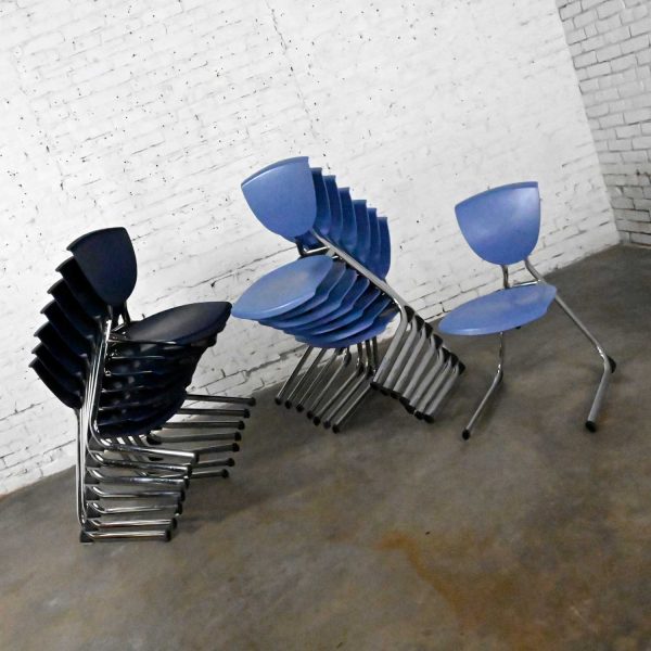 15 Vintage Modern Dark Blue Plastic & Chrome Reverse Cantilever Stacking Intellect Dining Chairs by KI Seating