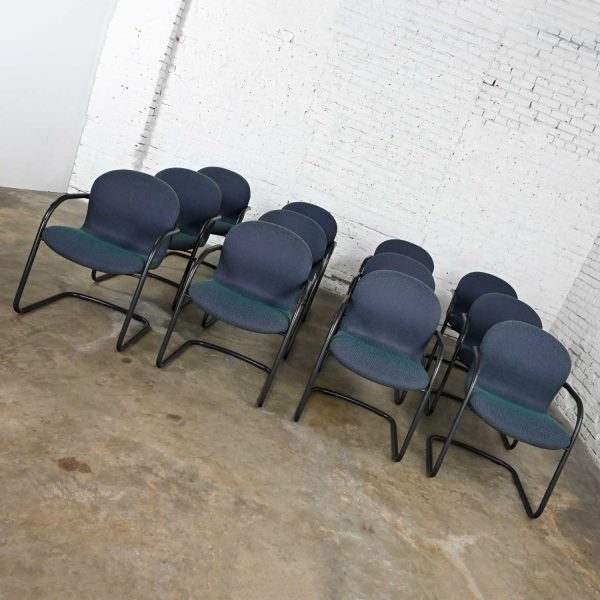 Vintage Modern Bulldog Armed Side Chairs by McCoy & Fahnstrom for Knoll Black Cantilever Base Blue Fabric Set of 12